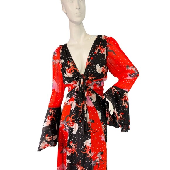 Diane Von Furstenberg SELENA Red & Black Print Chiffon Maxi Dress $588 Size 12 - Picture 2 of 11